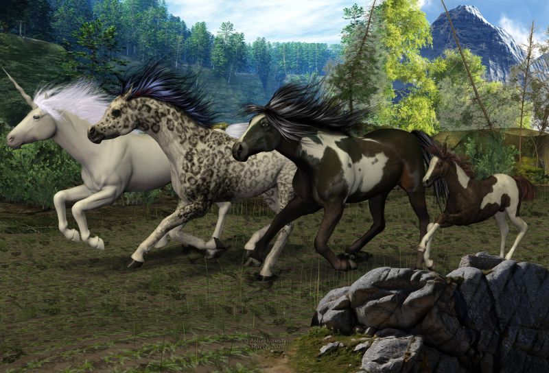 Running for fun
Unicorn, by Lyne
DW Snow Leopard, by Dreamweaver [was on FA I think]
Alla's Arabian horse, by LadyFyre Graphics
BE4MilHorse Textures PKII, BluEcho [was on CP]
Millenium horse, on Daz3d
CWRW The Elegant Equine Mane 'N Tail Pack 1, by cwrw (RMP)
3D Scenery: Deepwood Gorge, by ShaaraMuse3D (RMP)
Rocks png, by Jean52 [was on DA]
Modular 3D Kits: Farmers Fields, by ShaaraMuse3D  (RMP)
