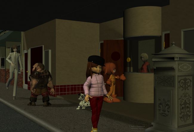 Runtime Town: The Search (1)
Sadie has no idea how to start her search for the 3 pigs. She accepted just like that - after all, she risks nothing to try. But if she succeed, she always doesn't know if she will take money or the service. Because there are 2 ways in Runtime Town, and both work very well. Money is used by many people, but service for a service is something very useful for the other part of inhabitants; some live very well from the second way.

Previous part of the story: http://www.thefantasiesattic.net/attic/cpg/displayimage.php?pid=38665

*******
Sadie Fae-Fantasy, on Daz3d
Sadie and Sam Ski, by Trumarcar (Treasurechest site)
Sneakers for Sadie, by Trumarcar (on KCTC site)
Modern Girl, by elleque (on her site) [cap]
Dwarvez, by Sixus1 (on RR)
Deco, by Akatora
Bubba Chibi CatGirl [was on CP; no longer available]
Maybe, by Akatora
Dawg, on Mostdigitalcreations
Mailboxes, by Aelin (FRM exclusively)
Movie theater, on PoserWorld
Modular Curb Street, on PoserWorld
