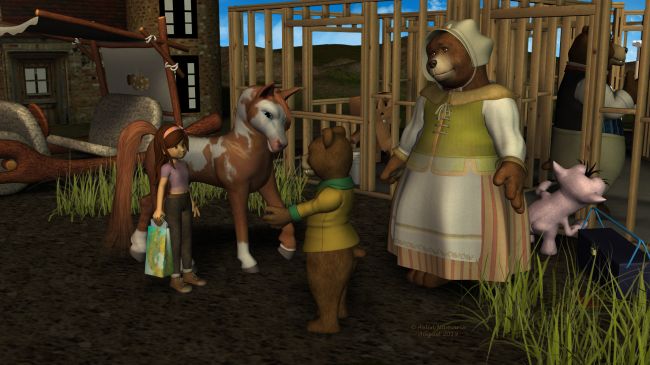 Coming in Runtime Town (7) ~ TI! ~ Winner ~ Week of 09/14/19
"This is the Bear family, and they participate to create your own house", said Diamond while Sadie is shocked to see the 3 bears. "Our specialists for constructions are missing for now, but Wolf will look if he can blow them again. Waiting, others do their best."
"Until the end of the work, we'll receive you at home, few distance from here", added Mama Bear. "We hope you'll like it and you'll appreciate also your future house."
"My own house?" reapeated Sadie under surprise.
"Yes, it's like that at Runtime Town!" said Diamond.

Previous part of the story: http://www.thefantasiesattic.net/attic/cpg/displayimage.php?pid=37573

*******
Sneakers for Sadie, by Trumarcar (on KCTC site)
Sadie's Shorts, by kaleya (AFZ)
Sadie Fae-Fantasy, on Daz3d
Diamond Base Character, by Capsces Digital Ink & Lady Littlefox (Daz3d)
textures for Diamond, by Lyne (on her site)
The 3 Bears, by 3Duniverse (Daz3d)
Danbo, by MayaX (Sharecg)
Gruggle Monk, by 3DUniverse (with my textures and poses on AFZ)
Stone-Aged Car, by BionicRooster (Sharecg)
The construction site, by ArtCollab (Daz3d)
Easy Environments Winter, by Flipmode (Daz3d)
