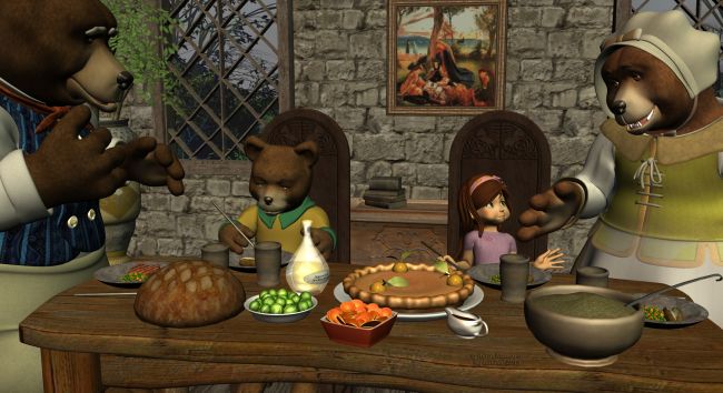 Coming in Runtime Town (8)
"Do you appreciate your sojourn here?" asked Mama Bear
"Oh yes, you have a great hospitality and house", said Sadie.
"That's good to hear that. Our last guest was trully rude", said Daddy Bear. "She didn't like her bed, didn't like our meals. And when we weren't at home, she tried all our beds, and all the portions of meal Mama prepared by advance for the dinner!"

Previous part of the story: http://www.thefantasiesattic.net/attic/cpg/displayimage.php?pid=37696

The background is one I made in PD Artist months ago.
I used d-former tool for the checks of Sadie.

*******
Sneakers for Sadie, by Trumarcar (on KCTC site)
Sadie's Shorts, by kaleya (AFZ)
Sadie Fae-Fantasy, on Daz3d
The 3 Bears, by 3Duniverse (Daz3d)
Night at the tavern for Fantasy Tavern, by Aelin (FRM exclusively) [for some objects in the scene]
Medieval Tavern, by Faveral (Daz3d) [some objects]
Bottles Fantasy, by Jean-Luc_Ajrarn (sponsor showcase page)
House of Owls, by Summoner (FRM) [books]
