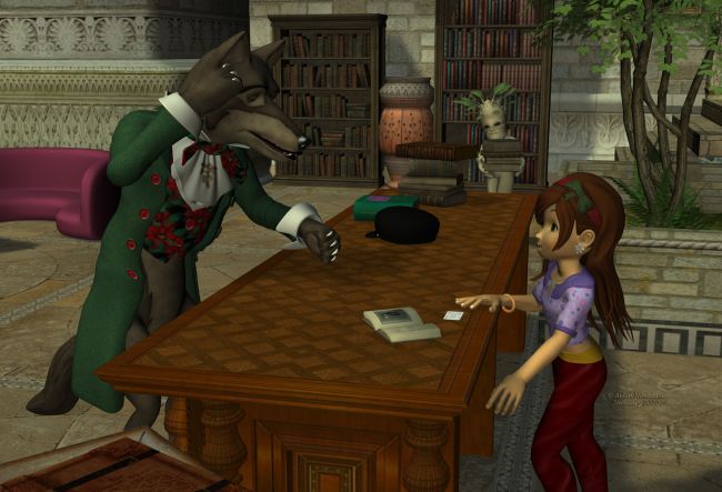 Runtime Town: The Meeting (4)
"And what with the seer?"
"She has no power, except seeing when somebody comes magically in town. And she is totally wacko", said Wolf with a gesture. "Please, we need to find them for the community in general. I'm ready to pay you a lot for this job - money or service."

Previous part of the story: http://www.thefantasiesattic.net/attic/cpg/displayimage.php?pid=38589

********
Poodles and Soxs, on Daz3d
Sadie Fae-Fantasy, on Daz3d
Sneakers for Sadie, by Trumarcar (on KCTC site)
Modern Girl, by elleque (on her site) [cap]
Big Bad Wolf, by 3Duniverse (Daz3d)
Plant Pixie, by MallenLane (Daz3d)
House of Owls, by Summoner (FRM) [books and shelves]
Mage Tower, by LaurieS (Daz3d) [books from one addon]
Ancient tomes, by Merlin Studios (Daz3d)
Secret Tale Book, by Aelin (Attic Free Zone)
A Few Books, by 3dcheapskate (Sharecg)
Bookrows for the FW2009 bookcase, by seachnasaigh (Sharecg)
20 Page Posable Book, by Jim Farris (Sharecg)
Redhouse Christmas Carol, on Daz3d
Night at the tavern for Fantasy Tavern, by Aelin (FRM exclusively)
