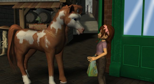 Coming in Runtime Town (5)
"Hello Sadie! Nice to meet you in our streets! I'm Diamond."
"How do you know my name?"
"Our local fortuneteller saw you will come. Look, nobody knows how and why we are here, not even her. But we have a lot of fun between us. Do you want a ride to meet more inhabitants?"

Previous part of the story: http://www.thefantasiesattic.net/attic/cpg/displayimage.php?pid=37102

*******
Sneakers for Sadie, by Trumarcar (on KCTC site)
Sadie's Shorts, by kaleya (AFZ)
Sadie Fae-Fantasy, on Daz3d
Diamond Base Character, by Capsces Digital Ink & Lady Littlefox (Daz3d)
textures for Diamond, by Lyne (on her site)
Plant Pixie, by MallenLane (Daz3d)
Folbat, by Nursoda (RR)
Watch shop, by kenmo (RR)
Shops for Medieval shop, by Aelin (FRM exclusively)
