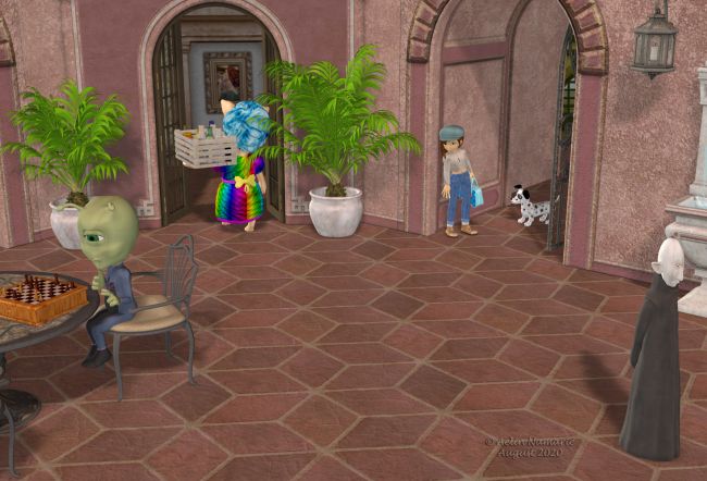 Runtime Town: The Search (10)
Since she knows the pigs, Sadie learnt two things: the female pigs have weird tastes for their hair, clothes and accessories. But it's always hair or dress, never both in the same time.
The second thing is the ladies pigs carry stuff graciously, not a crate on one shoulder, despite their strength.

Previous part of the story: http://www.thefantasiesattic.net/attic/cpg/displayimage.php?pid=39758

********
My Heroine Sadie, on Daz3d
Poodles and Soxs, on Daz3d
Loosey-Goosey Pak1, by elleque (on her site)
Dawg, on Mostdigitalcreations
The 3 Little Pigs, by 3Duniverse (Daz3d)
Kramp, by Nursoda
The RalphLing [available thanks to web archive]
Potted Palm, by Lisa Botanicals (Hivewire3D)
Spanish Rose -- Chalet de Sevilla, by RHS (Daz3d)
