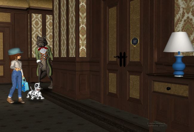 Runtime Town: The Search (11)
Sadie went to bring back Wolf once she saw the potential concerned flat.

Previous part of the story: http://www.thefantasiesattic.net/attic/cpg/displayimage.php?pid=39887

********
My Heroine Sadie, on Daz3d
Poodles and Soxs, on Daz3d
Loosey-Goosey Pak1, by elleque (on her site)
Dawg, on Mostdigitalcreations
Big Bad Wolf, by 3Duniverse (Daz3d)
Postal Adress, by Aelin (FRM exclusively)
Decadent Hotel Hallway, by ForbiddenWhispers & FWDesign (Daz3d)
lamp was on ContentParadise
