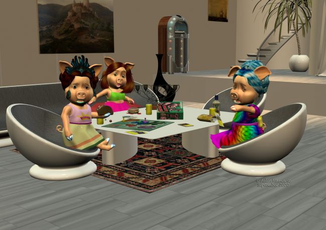 Runtime Town: The Search (13)
When they enter, Wolf roars: "Patrice! Dédé! Porky!"
Like a response, one same scream of disarrey is pushed by brothers: "Wolf!"

Previous part of the story: http://www.thefantasiesattic.net/attic/cpg/displayimage.php?pid=40004

(Patrice and Dédé are a joke from a old tv advertising in France)
********
The 3 Little Pigs, by 3Duniverse (Daz3d)
Hula Girl for Sadie, by elleque
Board Games, by Valandar (Daz3d)
English Muffin Breakfast Sandwich, on Poser World
17 Food Product Models Bundle, on Poser World
Potato Chips and Bag Modele, on Poser World
Taco Models, on Poser World
Modern Candelabra, on Poser World
Vintage Jukebox, by David Brinnen & ForbiddenWhispers (Daz3)
L'atelier, by Anima Gemini [sponsor showcase; just paints here]
Modern Interior, by Apple_Jack (RMP)
