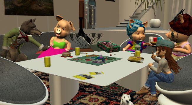 Runtime Town: The Search (end)
Finally, everyone is playing at board games for the last night of the brothers' holidays.

Previous part of the story: http://www.thefantasiesattic.net/attic/cpg/displayimage.php?pid=40164

********
Poodles and Soxs, on Daz3d
Loosey-Goosey Pak1, by elleque
Dawg, on Mostdigitalcreations
Big Bad Wolf, by 3Duniverse (Daz3d)
The 3 Little Pigs, by 3Duniverse (Daz3d)
Hula Girl for Sadie, by elleque
Board Games, by Valandar (Daz3d)
English Muffin Breakfast Sandwich, on Poser World
17 Food Product Models Bundle, on Poser World
Potato Chips and Bag Modele, on Poser World
Charming Tea set expansion, by FuzzyLogic Creations (FRM exclusively)
Modern Candelabra, on Poser World
Vintage Jukebox, by David Brinnen & ForbiddenWhispers (Daz3)
L'atelier, by Anima Gemini [sponsor showcase; just paints here]
Modern Interior, by Apple_Jack (RMP)
