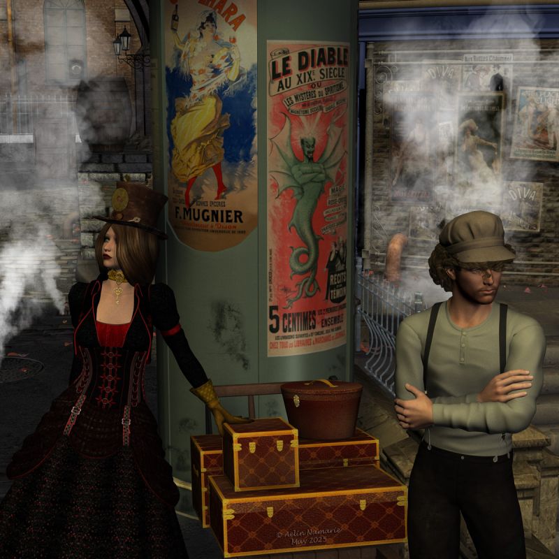 The waiting (closeup)
This is a closeup and a different angle of my first entry for the Steampunk contest on Renderosity. Still have to work for our contest too.

Heliah has just arrived in town to investigate on the latest events. Surely, the place was less brilliant it had been few years ago and the smoke coming from the chimneys of the manufactories was a trigger on the current state of the buildings and streets. The corruption of the officials did the rest.
She hired a man to take care of her luggages and also to be her guide during her sojourn, like he had been recommended by her contact. But now she had landed, her contact still wasn't here to welcome her as planned. In fact, the district was too quiet, while the fog was thickening.
Heliah suspects she will be forced to act alone, not knowing if she really can trust her companion for what will follow...

********
Time Keeper for V4, by Kaleya (RMP) [was sponsoring on FA, or free for a Christmas, I don't remember]
Amazing poseable Braid for V4, by Propschick & RPublishing (RMP)
Mabel through Ages for V4, by Aelin (FRM exclusively)
Victorian Luggage Barrow, by DryJack (RR)
World Cruise, by IsauraS (Daz3d)
Airship Docks, by Aelin (FRM exclusively) [advertising column]
Meeting Point, by RPublishing & DM (RMP)   [posters only]
Gears, by Bronze Dragon
The Streets of Steampunk, by Stonemason (Daz3d) with textures from Another Street, by Aelin (FRM exclusively)
Ron's Atmospheric Bundle, by deviney (Daz3d)
