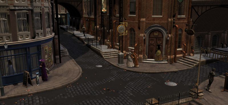 The street (1)
Every texture from the streets are mine. I played those last 2 months to make a lot of different things, to change from simply the usual streets; or even from those I did years ago like I never was satisfied with the wooden doors textures.
Chalkboards are mine too.
All hair were made with brushes in Photoshop.

********
Mabel through Ages for V4, by Aelin
SteamPunk Outfit for V4, by Lady LittleFox (Daz3d)               [textures by chohole]
TDT-Ophelia for Victoria 4.2, by Deva3D (RMP)
Edwardian Suit, by  Ravenhair (Daz3d)               [textures by chohole]
Mailboxes, by Aelin 
The Streets of Steampunk, by Stonemason (Daz3d)
