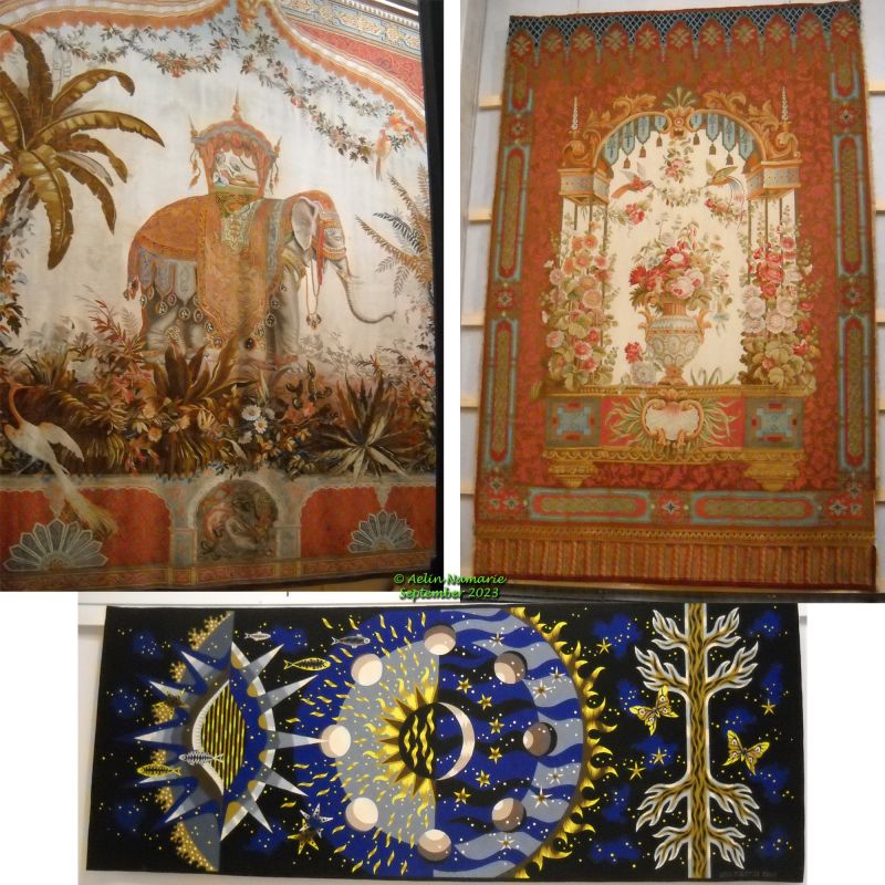 Tapestries (1)
So currently I'm working where they need of me. At the International City of Tapestry.
Since 2009, Unesco has classed Aubusson tapestry in the "Intangible Cultural Heritage of Humanity".
There are old tapestries, I'll show you only few.
There are also tapestries done those last 7 years. They'll be in other medleys.

So here we have a huge tapestry at the top left. The tapestry of the elephant is indeed more than 5 meters of sides. The angle in the room makes it pretty impossible to take it altogether. It's often nicknamed "Asia".
The top right is from the same epoch, the XVIIIth century if my mind remembers correctly.
The bottom one is from XXth century.
