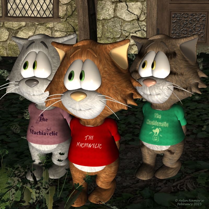 The Machiavelic
Do you need a little demon in the body of an angel? "The Machiavelic" t-shirt for the Pocket Pets Kitty does the job!
(I'm fully aware it's bad English, however it jumped in my mind that way. Call it Frenglish word :) )

Conforming Shirt for the 3D Universe Kitty, by Little Dragon
Pocket Pets - Kitty, by 3D Universe [no longer available]
(textures for the cat are from our last Halloween)

Textures for the tshirt were made for our Halloween 2025 page.
