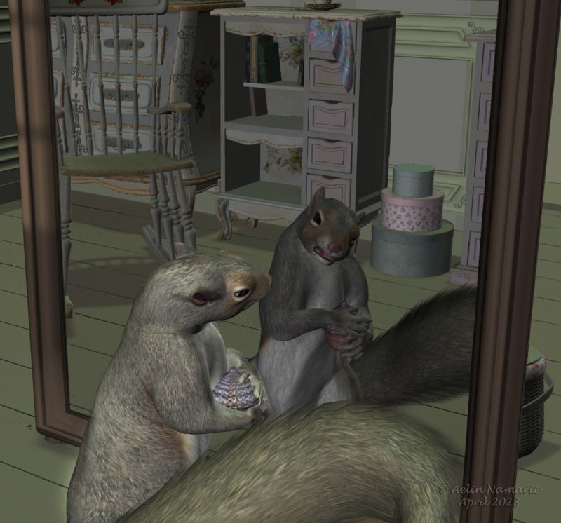 The opponent
Entered in that home by curiosity, he discovered another squirrel with the same idea. He tried to steal the acorn of his opponent, but that one tried the same for his precious! How dare he?

********
Daz Squirrel, on Daz3d
Acorn, by Mystic Nights
Gothika Mirror, by Arki (Daz3d)
Shabby Chic Rose Decor, by Anima Gemini
French Style Shabby Chic Vol01, by Anima Gemini
