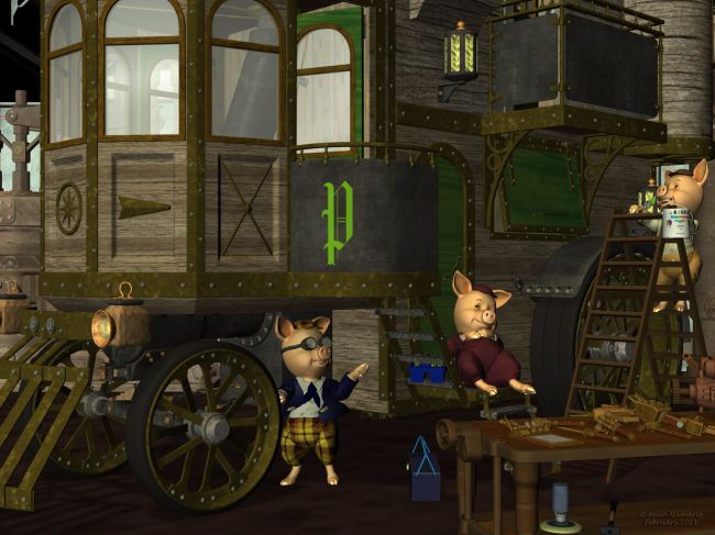 The project
Last preparations  by the brothers (Porky, D�d� and Patrice) before the presentation to Sadie and all the Runtime Town community the next day.

********
The 3 Little Pigs, by 3Duniverse (Daz3d) [with Trumarcar's textures]
Steam House, by petipet (Daz3d) [with my textures sooner available]
many mixed tools coming from PoserWorld, Renderosity and Daz3d (free or not)
