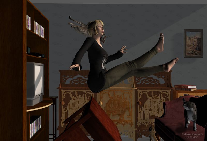 Toboggan
This is what happens when a cat goes on a furniture you have forbidden to go. You had to go to make the cat going back on an authorized level, and... the furniture where you stand plays toboggan when you try to find the ground.
Warning: scene really existed and was caught by my eyes.

I had to model quickly a tv furniture to be the height I needed.
