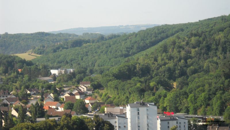 Top of the hill
That was the last week of July, from the top of a hill. And when I say top, it's really the top. A colleague told me there was a path on that one, but it was hard to enter on to say the less! In fact, while walking on a road I never took before, I ended 2 weeks later near the real path to walk in the woods, but I didn't have the time to try it.
So that hill is the one near the hill with the ruins of the castle. Ruins are presented on that medley
https://www.thefantasiesattic.net/attic/cpg/displayimage.php?pid=41234
and you can recognize the buildings from the same potpourri.
The valley seems large from there, but in fact it's not the case. The other hill you can see is closing that part, to open later on another valley. I was on another closing that side of course. On feet, you can be from one to the other in something like 30 minutes. It's pretty the same time in all directions if you stay between the hills. And the woods on that hill are called "forest of the Virgin"; I visited a part last week, on the other side of the hill.
If you look well near the center of the photo, you can see the rails near the houses. A green path follows it, the path I followed earlier this week.
