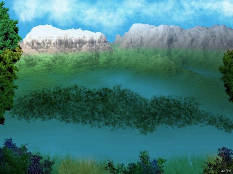 Try brushes
This morning, i have time to try the 'Project Dogwaffle Howler" software. Always with mountains in the bg as you see ^^ But i discoverer for the first time a 'mountain' brush, so i try this a next time.
All the work here is only with Howler (even clouds, because i discover too the brushes ^^)
