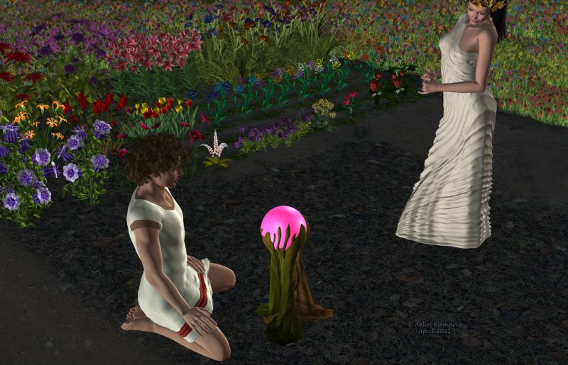 Vertumnus and Pomona
Vertumnus and Pomona are both gods of the Etruscan mythology. Took by Romans of course.
Pomona is mainly the goddess of the gardens. Vertumnus was the god of fruit trees; he was able to be loved by Pomona and since works in gardens with her.
They are here welcoming their newest baby.

********
many flowers by Lisa Botanical
Flink meadow [was a freebie during an event on Renderosity]
Fleur de Lumi�re, by Anima Gemini [sponsor showcase]
M4 chiton, by Richabri (RMP)
V4 dress is one freebie by Rose2000
