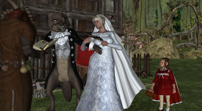 Wedding Day
It's the fourth wedding for Grandma. And she always finds a way to convince her... fianc�.
And Little Red Riding Hood is so happy that her Grandma found somebody to don't stay alone in the forest. After all, it's a really dangerous area!

The story of the Little Red Riding Hood is so revisited this month I couldn't resist to add my stone to the building ;)

********
Red Riding Hood for Maddie, by Frances Coffill (Daz3d)
V4 Hooded cloak, on Daz3d
Predatron's Angor, by Predatron (Daz3d)
Bailiff House, by Ravyn [was on CP]
