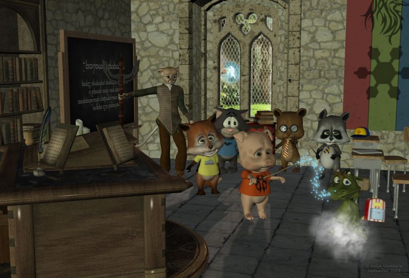 What chest?
The next day, Piglet Wilbur tries to don't misspell but fails. Fortunately the chest is only transformed into a cute new little friend.
No snow storm in the room nor any other catastrophe, that's an improvement!

Previous scene: https://www.thefantasiesattic.net/attic/cpg/displayimage.php?pid=45446

********
Melody and Micah Bundle, by RedSpark & Lady Littlefox (Daz3d)
Pocket Pets bundle, by 3Duniverse (Daz3d)
Pocket Pets Kitty, by 3Duniverse [was on their site]
Conforming Shirt for 3DU's Toon Kitty, by Little_Dragon (RR) [textures by Eblank]
Wands of wonder, by Valandar (Daz3d)
Monsters In My Cupboard, by 3DUniverse (Daz3d)
Chest Fancy, by Ravyn [was on CP]
Medieval Desk, by Ravyn [was on CP]
School Time, on Sharecg
House of Owls, by Summoner (freedom-of-art)
Castle Corridor Construction Kit, by 3-D-C (RMP)
Magical Portals Backs, by Kathryn DesRoches (FRM exclusively)
