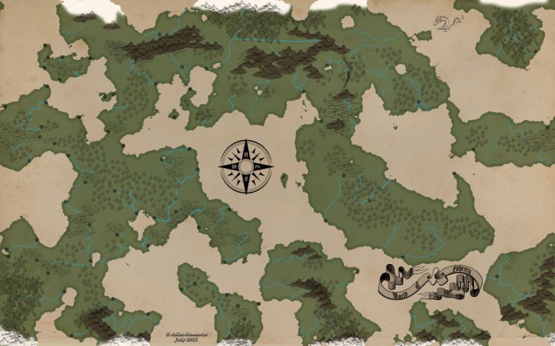 World of Edheren
Just a test I made after I finally found a not bad tuto for the beginning of a simple map.
For relief, I used brushes I found deviantart.
Main town locations (village don't appear) are my own icon creation.
