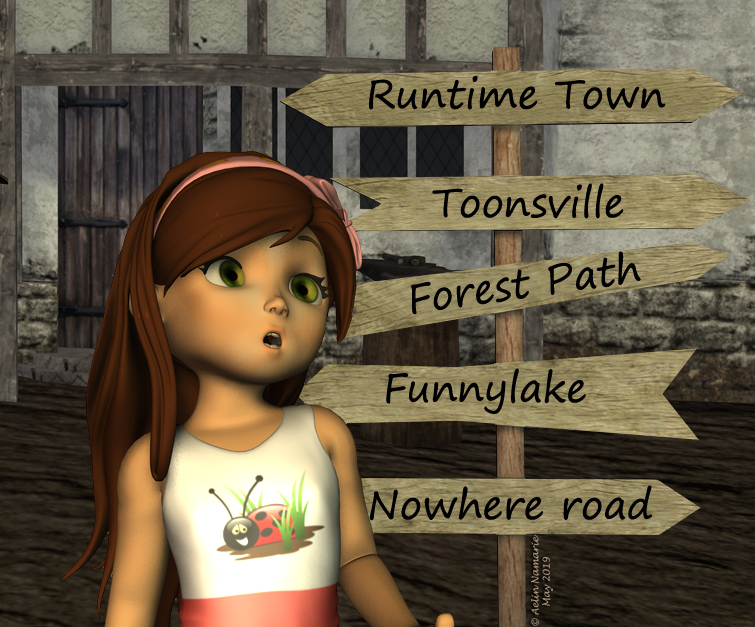 Sadie
Before the night, Sadie followed an unknow path with strange pannels. A fog came and when it disappeared, she was on a place of the "Runtime Town"!
Yes, yesterday Sadie joined the company too, and she isn't alone! Because Runtime Town won several members yesterday, thanks to a benefactor. Thank you very much!

Now Sadie will peacefully search inside the clothing shop from the other side of the place to make her free choice.

Background behind her is a short part of one image of my "Backgrounds" pack in AFZ.
I reworked quickly in Photoshop my "Christmas Panels" to add other names.
For the rest, hair and swimsuit are in the basic pack with Sadie.

Next scene: http://www.thefantasiesattic.net/attic/cpg/displayimage.php?pid=36937
