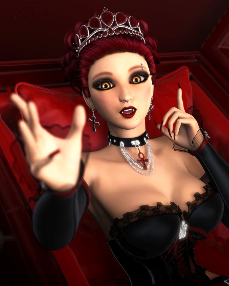 Embrace
Obediantly you follw Queen Martha to her coffin. Looking down at her when she crawls in, she slowly reaches out to you. You lean down, and she snakes her hand behind the nape of your neck, and gently but insistently pulls you to her. All you see are Martha's eyes and lips as you're pulled in.....
