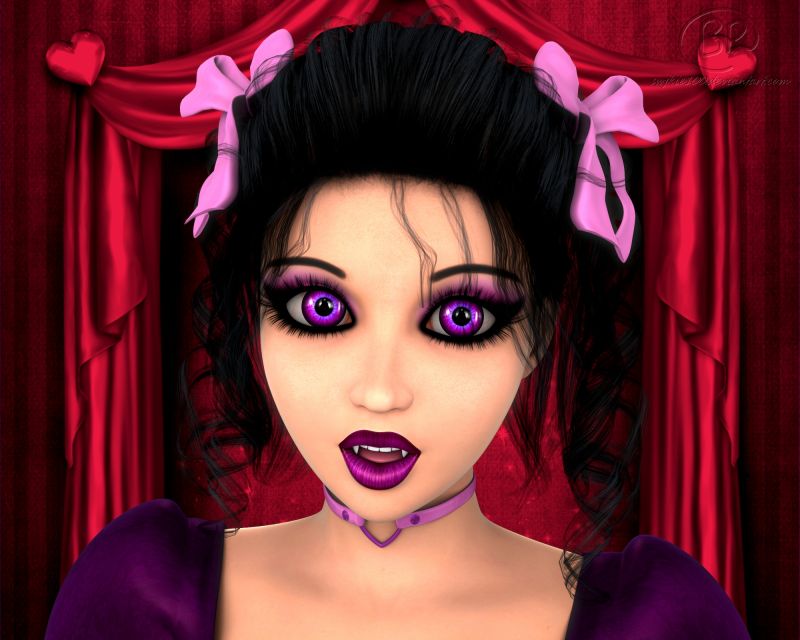 Vampiress In Plum
Some years back, I did a series of portrait recolors in GIMP. One of those was a Tabitha portrait, and I did this interesting two-tone eye color. Tabitha saw my recent re-share on Facebook and asked if she could have that eye color. So, I did <3
