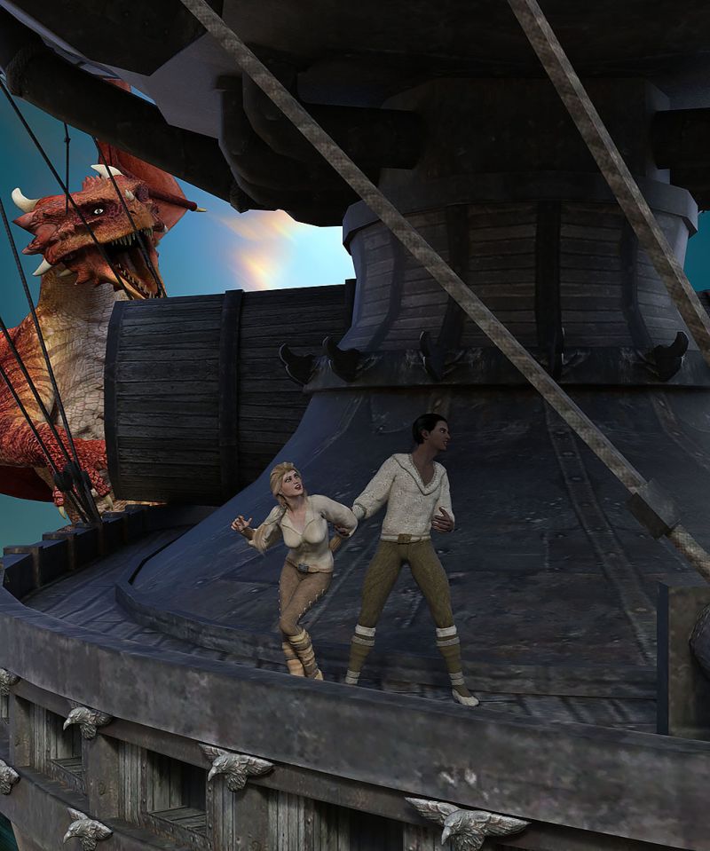 After Steaming Airship
Airship-Med by Summoner, Dragon 3 and High Fantasy Shapes... V5 and M5 with some elite textures... Couple pose is Freebie Retro Scifi Pulp poses for Genesis 1 by RedEyeCat (mmalbert on renderosity). 
Keywords: Dragon Airship