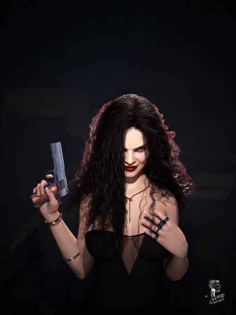 The Stare
A simple portrait.
I've done a walkthru with this render.
You can interact @ 
http://www.thefantasiesattic.net/attic/index.php?topic=23096.0

Comments are welcome
JV
Keywords: Portrait DazStudio Iray Dramatic Lighting Evileyes Weapon Noir