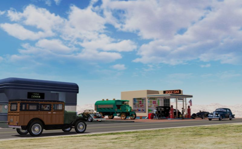 A Little Trip on Route Six Six 
This was an exercise in in using DOF in DAZ Studio.  Plus using blur tools in PhotoShop, as in Radial Blur, Motion Blur and Gaussian Blur, along with the Blur tool to clean up some noise in picture.   Plus type and edit tool to replace signage in picture.

I gave it an big open sky, it reminds me of the long expanses of open countryside which has a humbling effect to it along with the size of the buildings, vehicles and people.

Keywords: Historic Route 66 Fictional Cars Gas Station Diner Road roadway driving