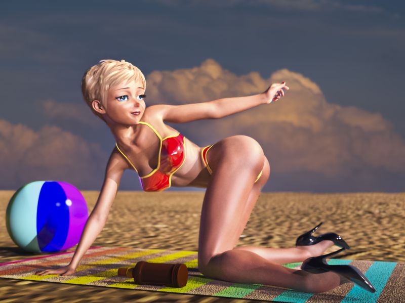 At the Beach
Pin Up beach scene.  Lady with skimpy bikini bottom at the beach.   
Keywords: Beach Anime Pinup Pin Up Pin-Up  