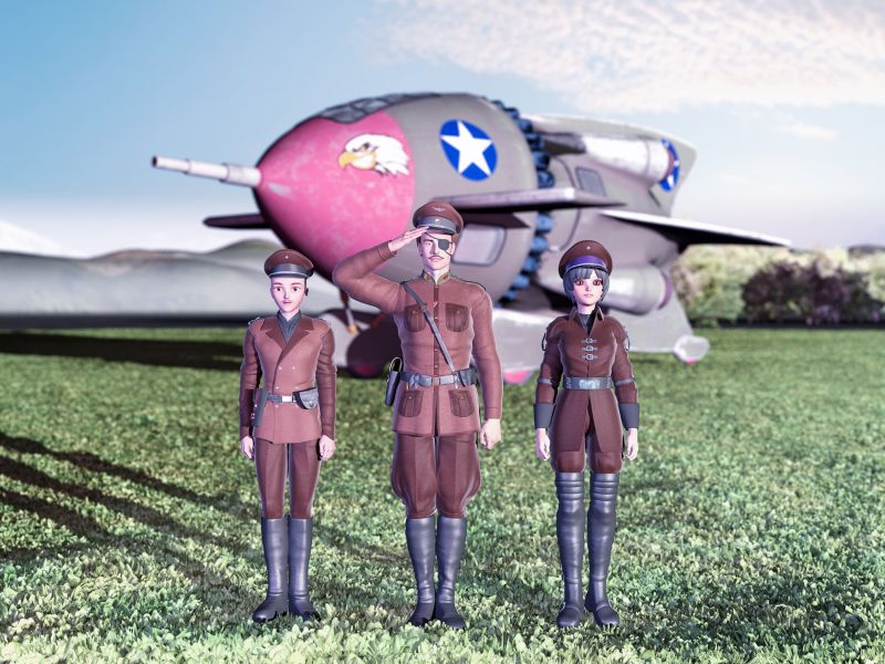 The Crew of the Eagle 
Here in the Great Interstellar War we have the crew of the Eagle who just achieved an ACE standing on April 2, 2075.  Facing from left to right 2Lt Adam Yates (Co-Pilot), Center Captain John Weatherby (Pilot), and 1Lt  Yumi Soki (Navigator, Weapons Officer).
Keywords: Crew Eagle Great Interstellar War ACE