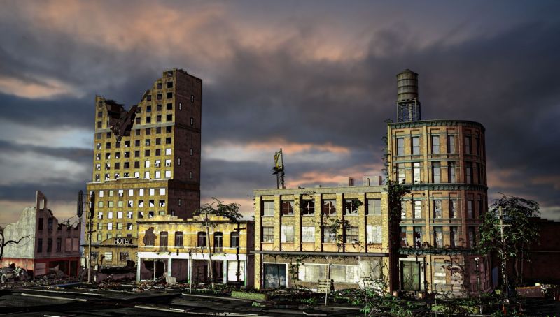 Modern Ruins (Modern Ghost Towns)
Looks like the small rural town in some places where the interstate has cut off access to them.  So they die and fall apart when the people leave.   
Keywords: modern ruins ghost towns