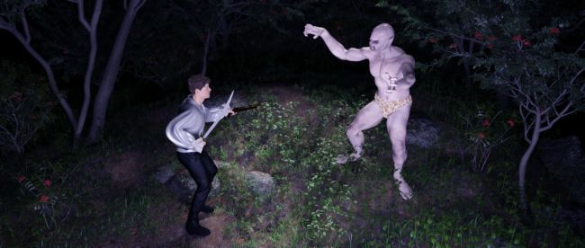 Prince Battles Ogre
A prince was out on a walk at night when he encountered an Ogre.  Thankfully his father the King insisted that he take a gun and a sword with him on his walk.  


Keywords: Prince battle Ogre