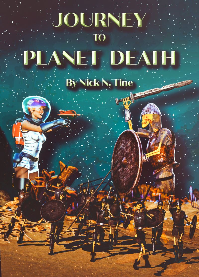 Journey to Planet Death
Wanted to create the look of a Pulp Fiction Book Cover.  
Keywords: Sci Fi Science Fiction Book Cover Style Pulp