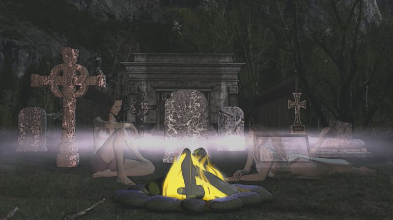 Telling Ghost Stories by the Fire
Telling embellished stories of their deadly demise. 
Keywords: Cemetery Ghost Stories fire side embellished deadly demise