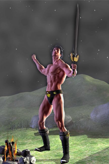 The Classic Barbarian Hero
Ever since Conan the Barbarian we now have a formula for a Barbarian Hero.  Oversized muscle bound guy who slices and dices with his sword and grind others into hamburger meat with his own bear hands, but only if you are a bad guy. They barely wear any clothes.  Not able to make sentences with more than 5 words for each sentence.   To bad the 80s are over I would have love to see what Mel Brooks would have done with a character like Conan.  

(Needed to take a small break from creating Evil Villain Females.  So I did this so the ladies will have something to look at too. ) 
Keywords: Classic Barbarian Hero Conan Oversized muscle bound guy slices dices sword grind hambuger meat bear hands