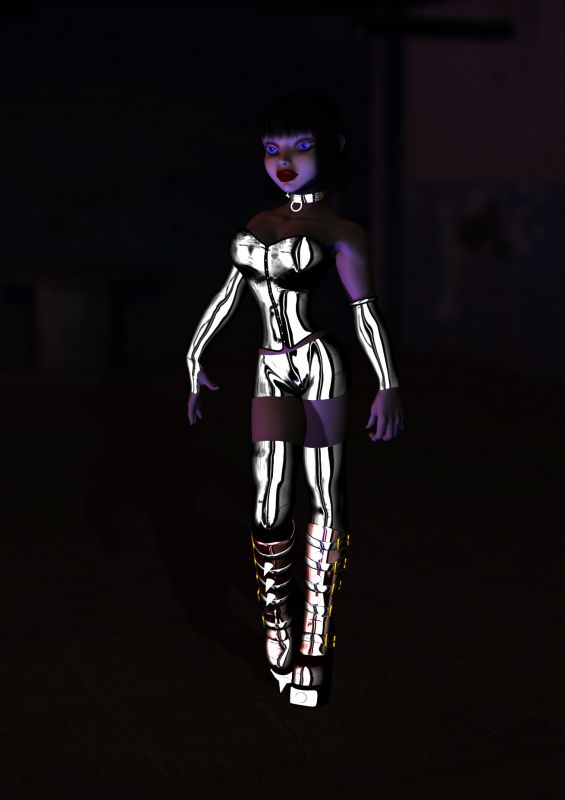 The Girl Goes Goth
Used strong reflection to make make reflection map show mostly silver reflection from black texture to get the effect. 
Keywords: Goth Girl Dark Fashion