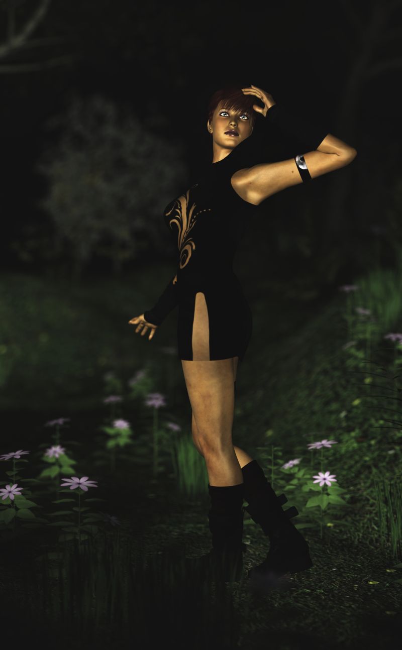 What is That
Andrea took a short cut through the woods one night.  As she was walking she heard an unfamiliar sound which started as a high pitch scream and dropped to a low howl coming from high in the trees.  She tried to scan the trees to see what was making the noise but to no avail.  So she ran to the other side of the wood and swore she would never take short cut like that alone.  

Clothing by Rhiannon from the Sponsors Show Case: it is called Rogue Lore forV4. I won it for Starving Artist of the Week on 1/6/24.
Keywords: What is that Woods night strange noise mystery