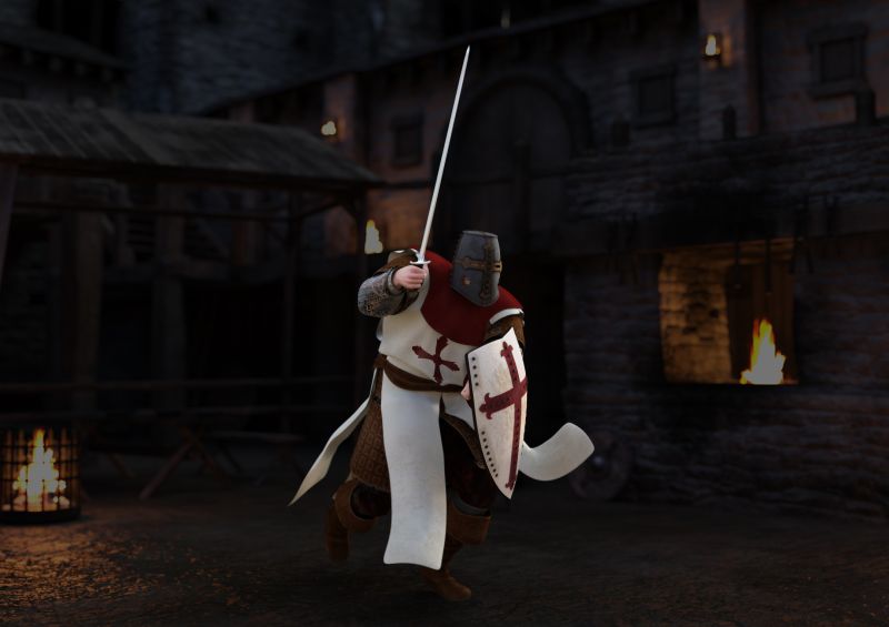Charge
Our brave knight hears a scream and charges to the rescue. 
Keywords: medieval knight night castle charge rescue brave