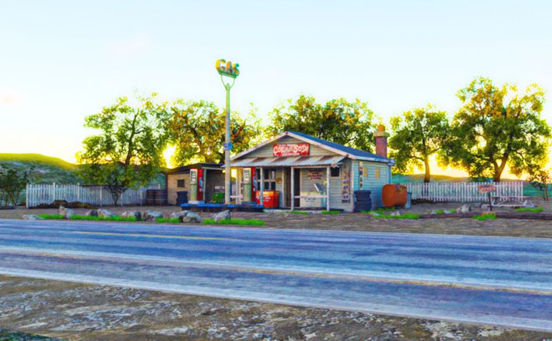 A Super Duper Moderrn Gasoline Fillin Station in Nowhere Nevada
This here fillin station is the most immportant thing in town since it is the only building in town.  Why we have a small grocery store, post office, the town jail, meetin hall and fall out shelter down in the basement. Plus the volunteer fire Department and sheriffs office is a here too.  Plus Burt the owner of the station is the mayor, sheriff, and the fire marshal too.  What more do you want in great town like this? 
Keywords: Super Duper Modern Gasoline Fillin Stationsmall grocery store post office the town jail meetin hall fall out shelter basement