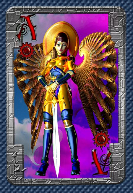 The Guardian of the Robot Heaven Pearly Gates
used as the Ace of Cogs (robot suit for cards).
Keywords: robot angel heaven