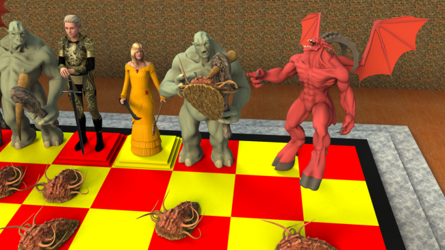 Blue Pair
Freddie, be a love and mind how you wave that bludgeon...
those slime beasts are horribly expensive AND they have a Union...

OK lets go again... places, everyone...

Take 2...

Keywords: chess fantasy monsters