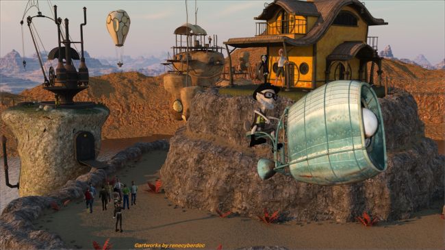 1971s fantasy world
Torba Bitterpill gives a sightseeing tour to the D**head tourists.

1971s—wind set/fairy inn/sky crane/air marina/four bridges,
flipmode-exoplanet II,smay-gosha/mavka,Steambee,nursoda-dr.pitterbill/torba/harpert,crowd by greenpots,
Keywords: 1971s