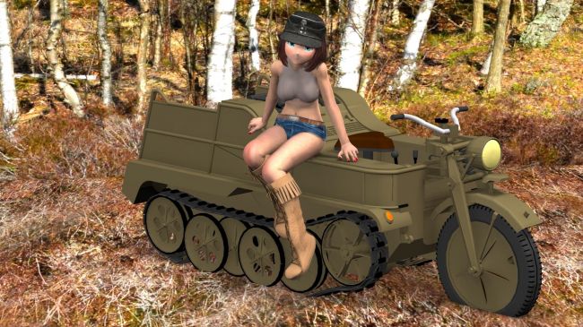 Chibi on a Ketten
Early effort that I thought I would post.  Simple background with Chibibell sitting on a kettenkraftkrad I got from somewhere.  Clothing is courtesy of EI's XD morpher program.  One of my PanzerGirl renders done for the hallubut

SAOTW ~ 08/24/19
Keywords: SAOTW ~ 08/24/19