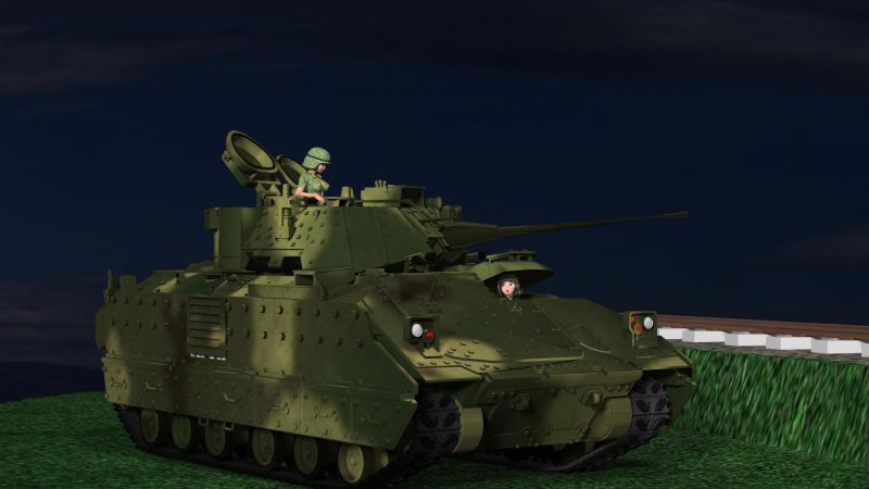 Cuisin' with Brad
"Hey Sarge!  You sure that we're supposed to spend the night out here?" Ginger, the driver wanted to know, swatting at a mosquito that had the temerity to attack.  "We got more bugs here than the embassy in Moscow!!"

"Quit your bitchin' Gin," Margie, the TC fired back.  "Just think of it as one grand adventure!"
"Yeah, right," Ginger grumbled before Claudia, who was napping in the passenger compartment could put in.  "This is an adventure that I can do without.  Do you at think they'll at least send us some chow?" she asked hungrily.

Vanishing Point's M2A2 Bradley with Chibi in the drvr's seat and an Aiko hybrid sitting in the turret.  Helmets courtesy of Summoner and BVH.  Freebie background and other bits and pieces.  
