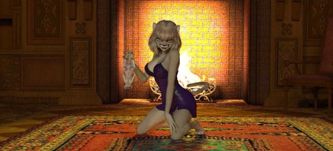 Got a mouse problem
Aiko3 with Capsace's feline morphs.  The textures are those that have been reworked to fit Aiko.  Night dress is one of V4's converted to fit Aiko.  Set is The study from old files.  The unfortunate one is Squeaker.  Hair is Janna Hair for V4 fitted to Kitty.  Had an interesting time with the fireplace and its lights.  still not quite right, but workable.

SAOTW ~ 03/14/20
Keywords: SAOTW ~ 03/14/20