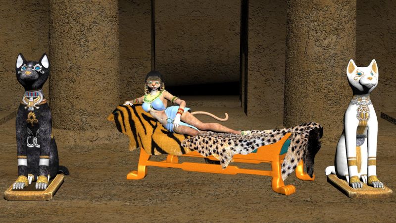 Welcome to my Temple
Welcome to my temple, women of Egypt.  Anything you wish to tell me of will be safe.  If you are pregnant, you are especially welcome to my abode.


Bast (Bastet) is the Goddess of cats, women's secrets, childbirth, fertility, and was the protector of the hearth and home.  She was the daughter of Ra and associated with the Goddess Hathor.

Galina volunteered for the shoot after having collected the top and sandles from Melody's Harmony outfit.  V4's Bast hair and hip wrap from her Lady of the Nile.
