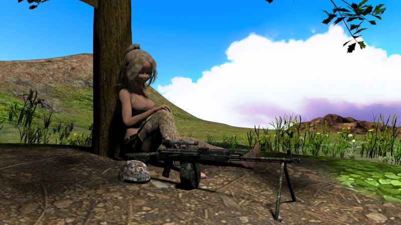 Sentry duty Doll
Sam was helping the Ukranians and got stuck with guard duty.  So, she just grabbed her gear, her RPK, coutesy of Cybertenko and headed out to the hilltop.  Thankfully, nice and shady out there.
