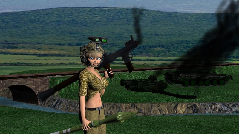 One shot kill.
Told you I could do it.  And I didn't even need a second shot.  One up the kazoo, and that was all she wrote.  Now to find another one.

Sonja the tank hunter.  Using Cypertenkos destroyed tank and special opps helmet/headset.  Not sure where I got the RPG-7 but still looks good.  Much of her uniform is from Aiko's SWAT outfit.  Hair is from Ali.  
SAOTW ~ 05/07/22
Keywords: SAOTW ~ 05/07/22