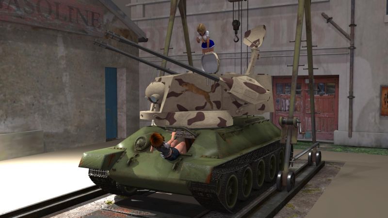 This is gonna be a big surprise
Yuko and Merlina of the SturmPanzer High School are working on a surprise for a rival school.  Being Panzer Girls, they have taken a T-34 and stuck a twin 3.5cm turret from a flakpanzer in place of the standard 76.2 that usually sets there.  They just have to throw a proper coat of paint on it and it's showtime!


T-34 is one of Cybertenko's latest projects.  A complete tank, both inside and out with several optional turrets as well as their main guns.  Also has the rarely seen "bed spring" armor used to dud out the PanzerFausts and PanzerShreck rockets.  Nice, all around set up.  Scene is section of VP's French Village.  Girls are Haru and Chibibel.
